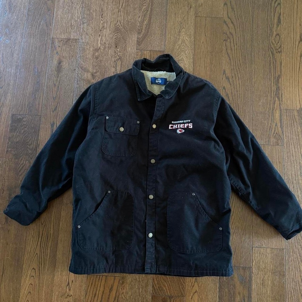 Kansas City Chiefs NFL Sherpa Lined Workwear Jacket Black Snap Front Size XL